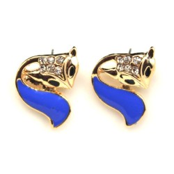 Plaqué Or 14Ct. Boucles d'oreilles tête de RENARD et ses strass avec EMAIL BLEU