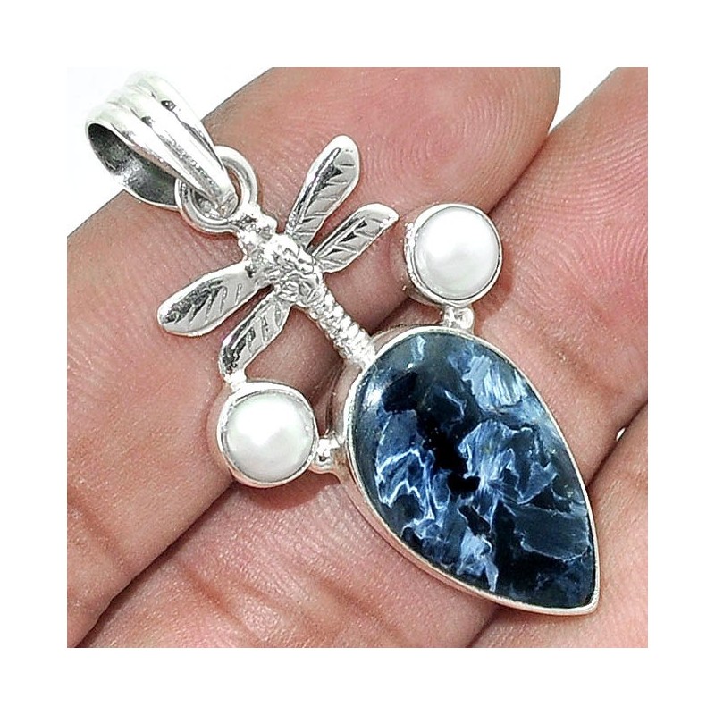 Pièce Créateur avec PIETERSITE NOIRE + PERLES / DRAGON - Argent MASSIF