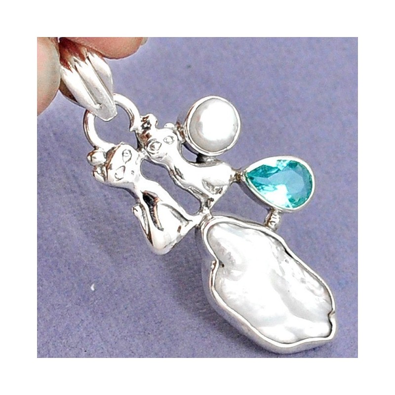 RARE Pièce Créateur avec BIWA PERLE & TOPAZE BLEUE - Argent MASSIF