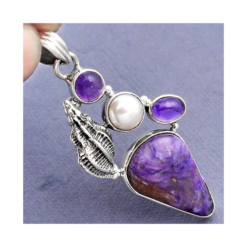 RARE Pièce Créateur avec CHAROITE (siberie)  + AMETHYSTE + PERLE - Argent MASSIF