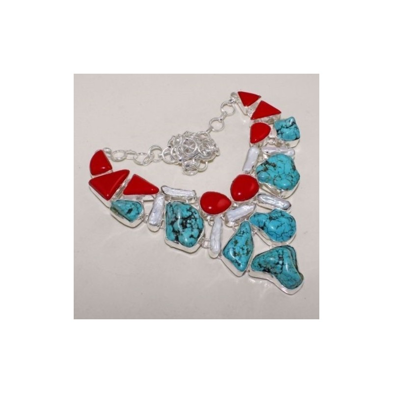 Collier Howlite Turquoise Corail Argent 925 – Style Indien