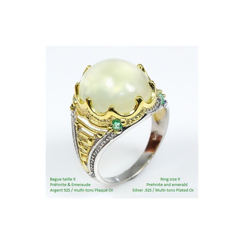 Bague Prehnite & Émeraudes Argent 925 Plaqué Or