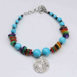 bracelet turquoise perles multicolores argent tibetain