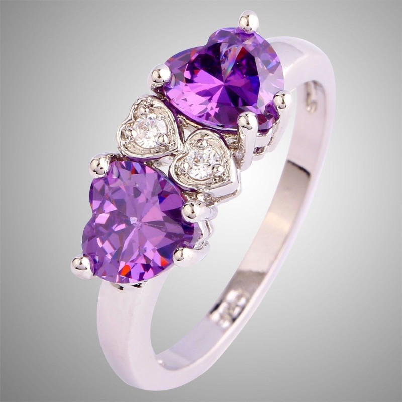 Bague Cœurs Améthyste et Topaze Blanche – Argent Massif 925