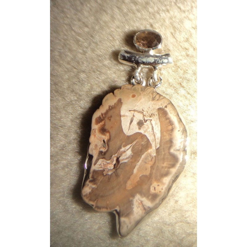 Pendentif Bois Pétrifié & Quartz Fumé – Argent 925
