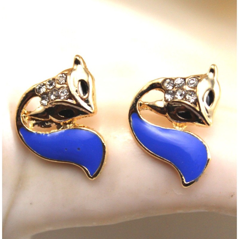 Plaqué Or 14Ct. Boucles d'oreilles tête de RENARD et ses strass avec EMAIL BLEU