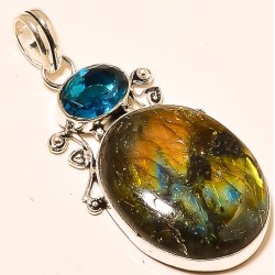 Labradorite & Topaze. Argent massif 925. Pendentif collier. Multicolore aux reflets chatoyant.