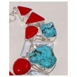 Collier Howlite Turquoise Corail Argent 925 – Style Indien