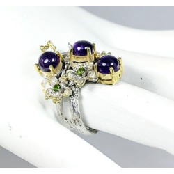 Bague Améthystes Naturelles Argent 925 Plaqué Or