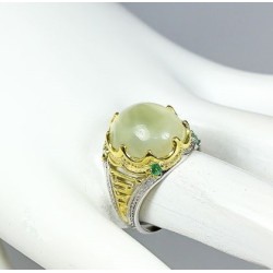 Bague Prehnite & Émeraudes Argent 925 Plaqué Or