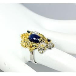 Bague Saphir Bleu Argent 925 Plaqué Or