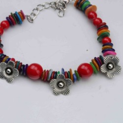 Bracelet Corail Rouge Argent Tibétain Fait Main