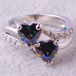 Bague Double Cœur Topaze Mystique et Saphir Blanc – Argent 925