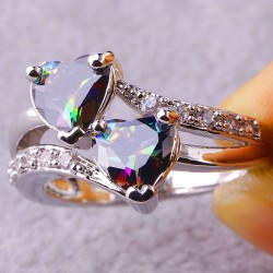 Bague Double Cœur Topaze Mystique et Saphir Blanc – Argent 925