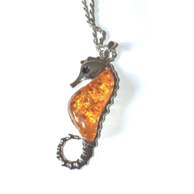 Pendentif Hippocampe métal argenté et ambre synthétique