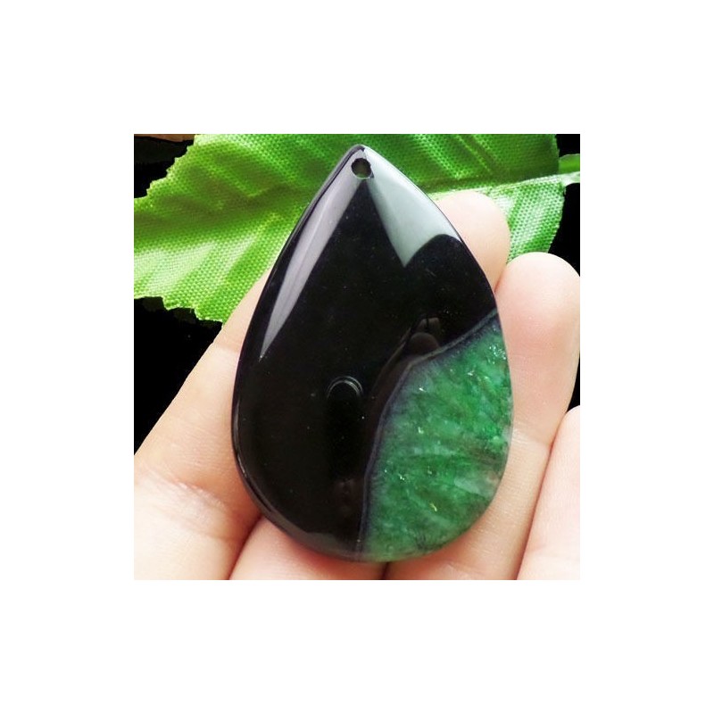 Pendentif AGATE VERTE ET NOIRE superbe monté avec son anneau