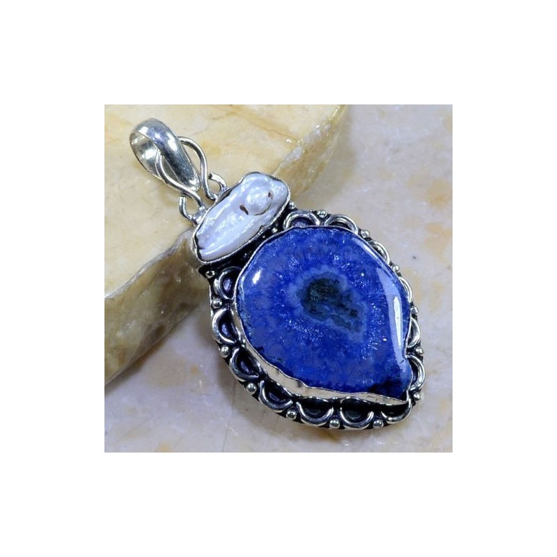 pendentif quartz solaire bleu argent 925 perle